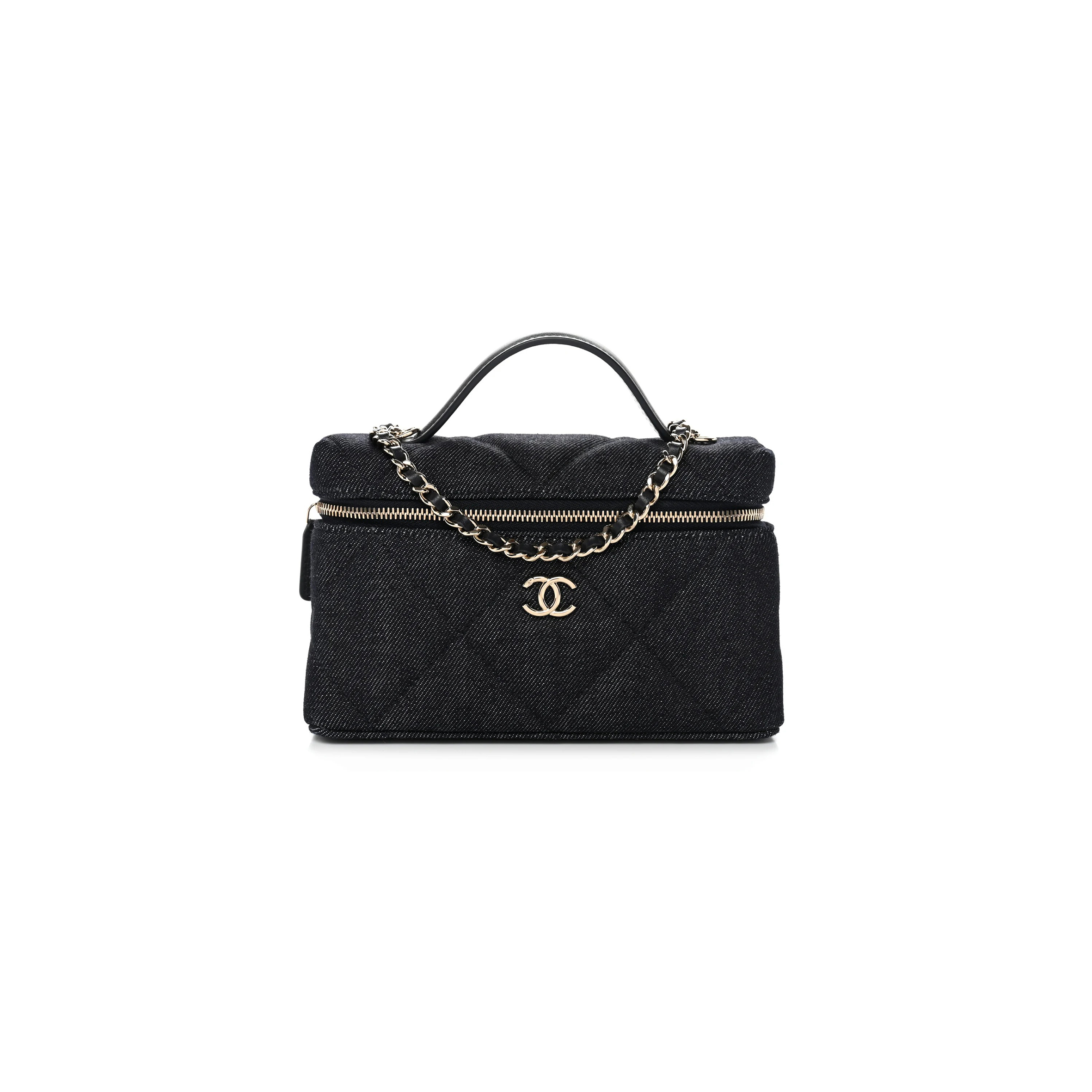 CHANEL MASTER DENIM QUILTED TOP HANDLE SLIM VANITY CASE WITH CHAIN DARK BLUE (19.5*17*5cm)